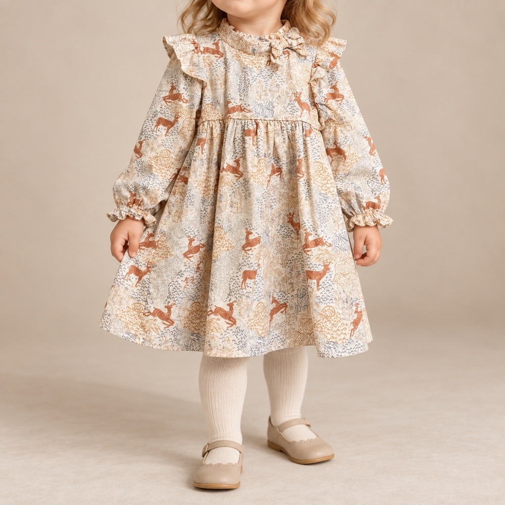 Janie and Jack Girls 2T Woodland Deer Flannel Ruffle Dress Tan Brown Long Sleeve